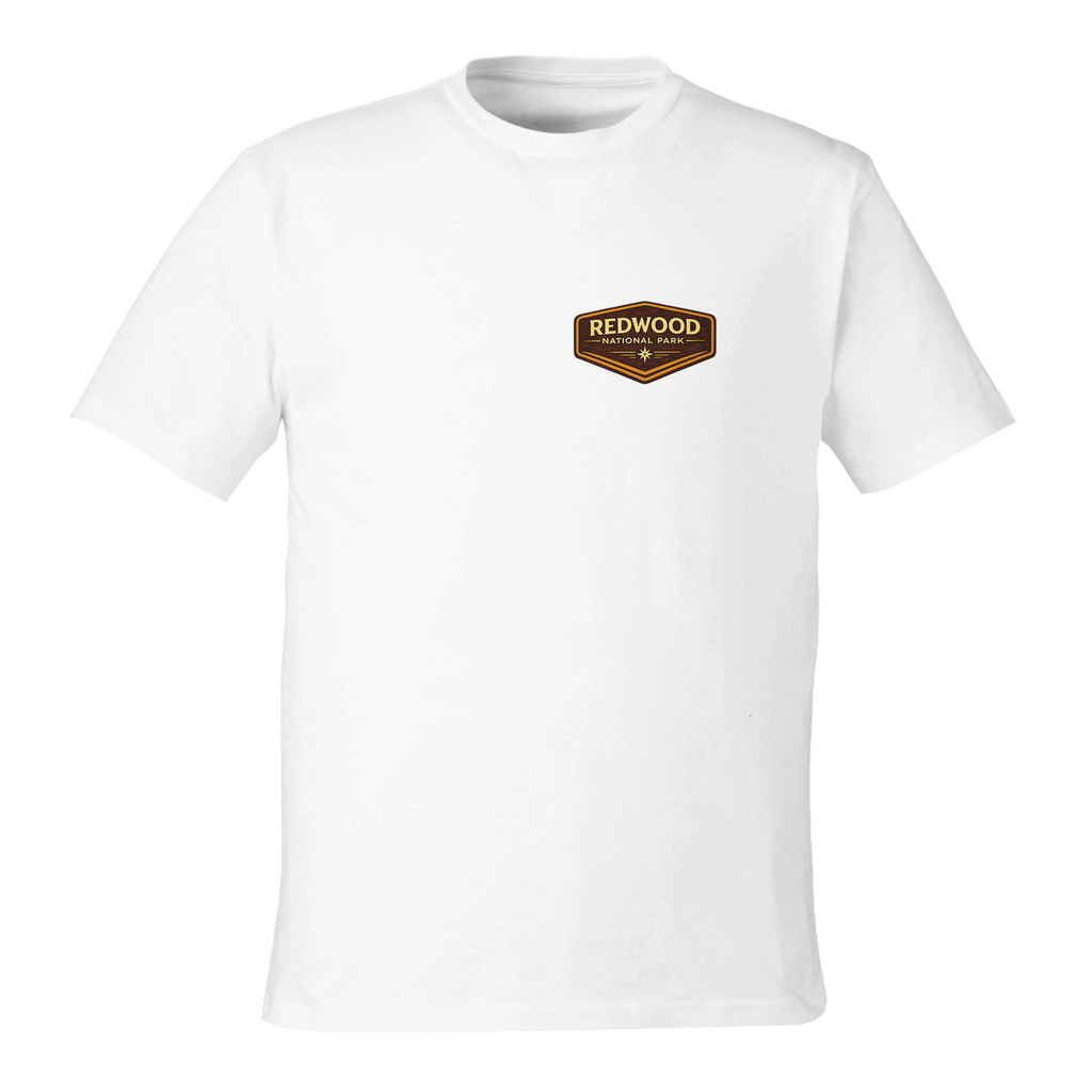 White t-shirt with a 'Redwood National Park' logo on a white background