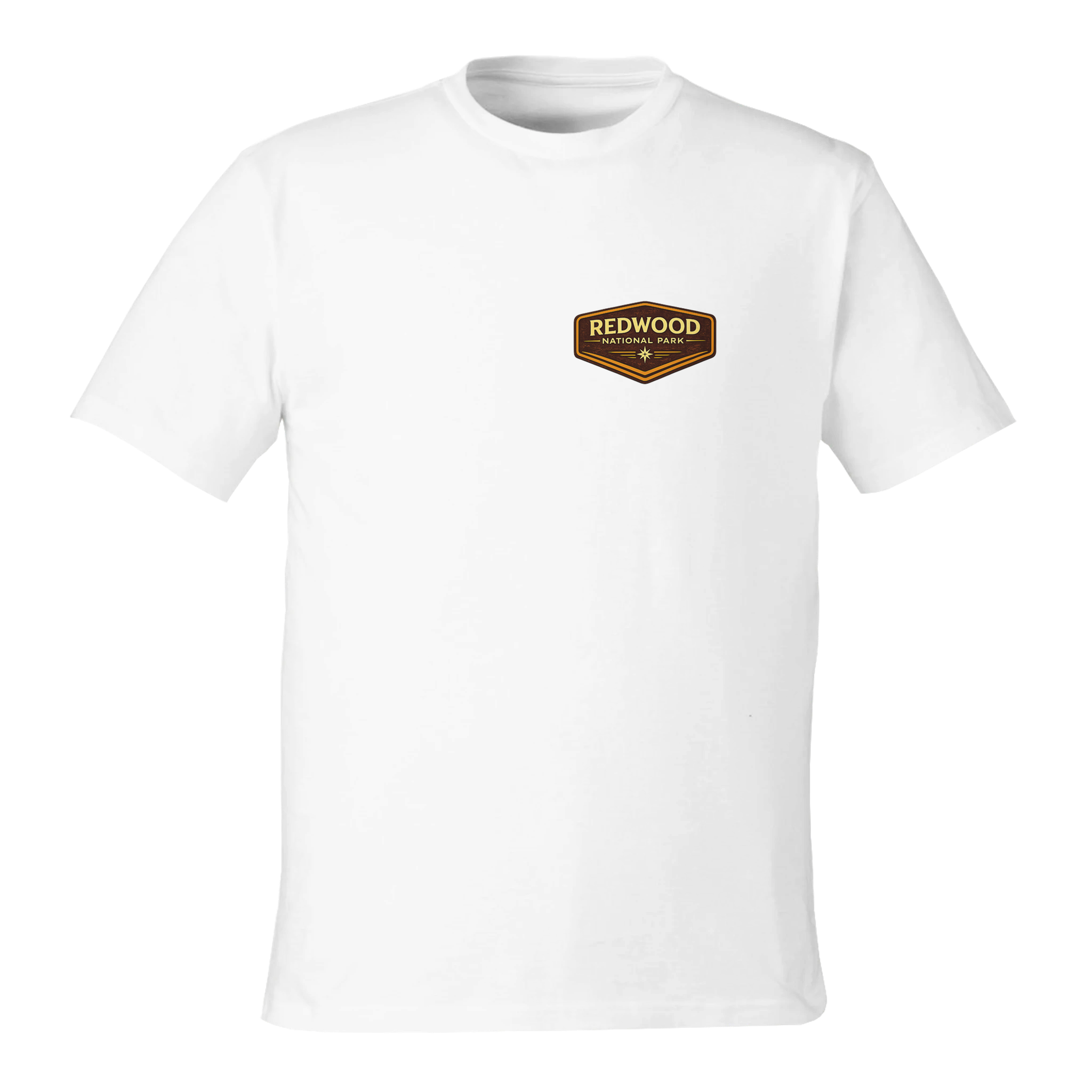 White t-shirt with a 'Redwood National Park' logo on a white background
