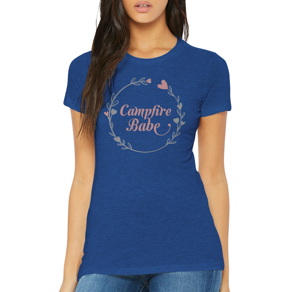 Royal Blue t-shirt with 'Campfire Babe' design worn by a woman on a white background