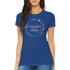 Royal Blue t-shirt with 'Campfire Babe' design worn by a woman on a white background