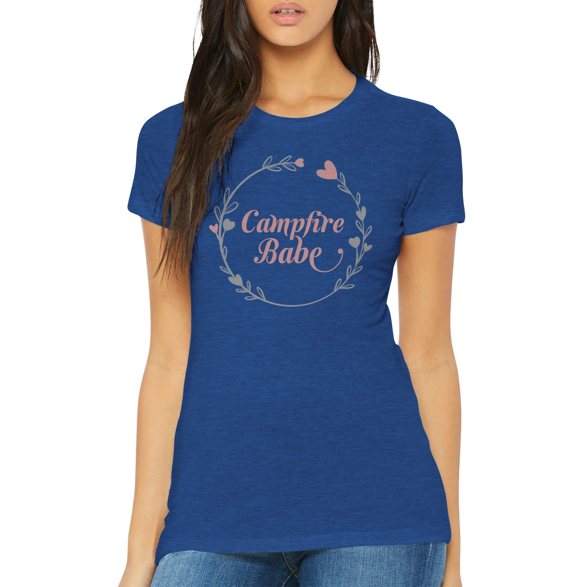 Royal Blue t-shirt with 'Campfire Babe' design worn by a woman on a white background