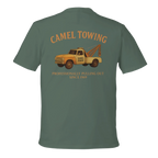 Green t-shirt with a graphic of a tow truck and text on the back, on a white background.