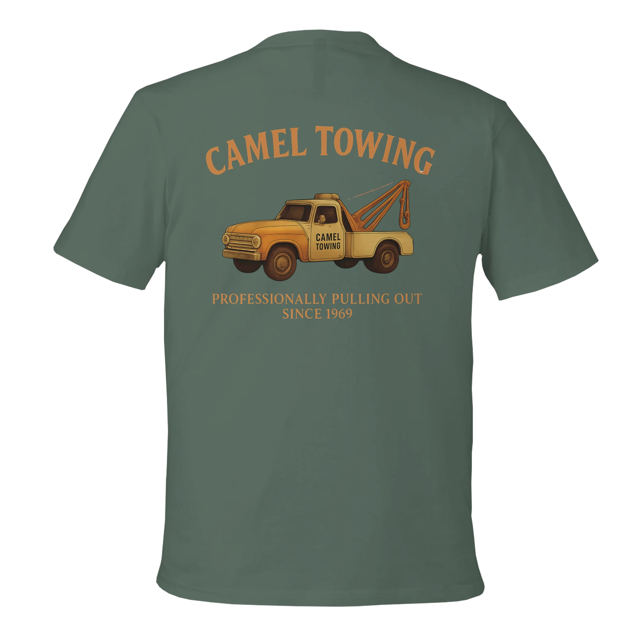 Green t-shirt with a graphic of a tow truck and text on the back, on a white background.
