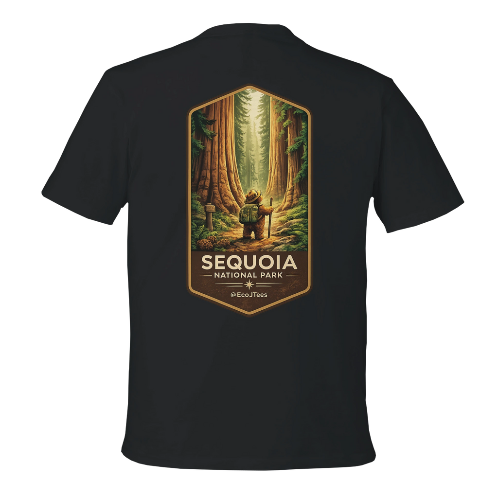 Black t-shirt with Sequoia National Park graphic on a white background