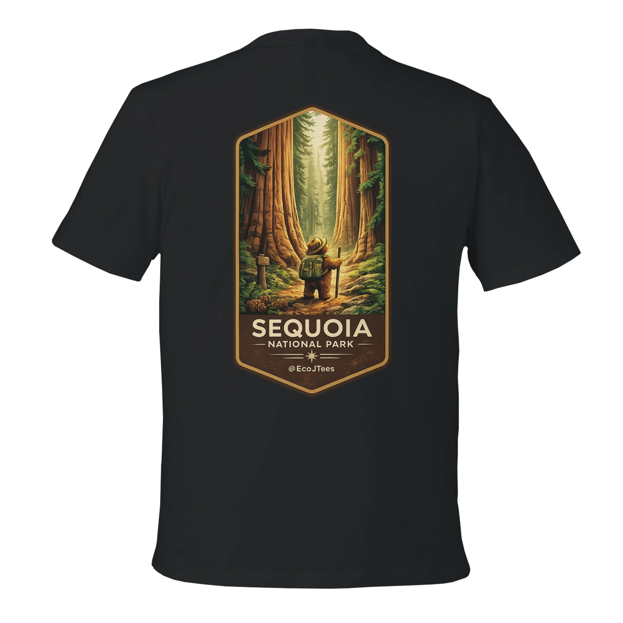 Black t-shirt with Sequoia National Park graphic on a white background