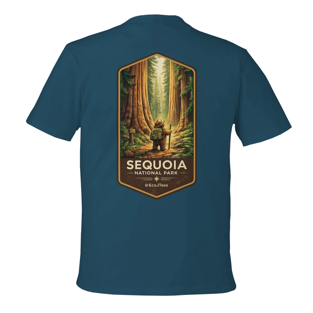 Blue eco t-shirt with Sequoia national park graphic