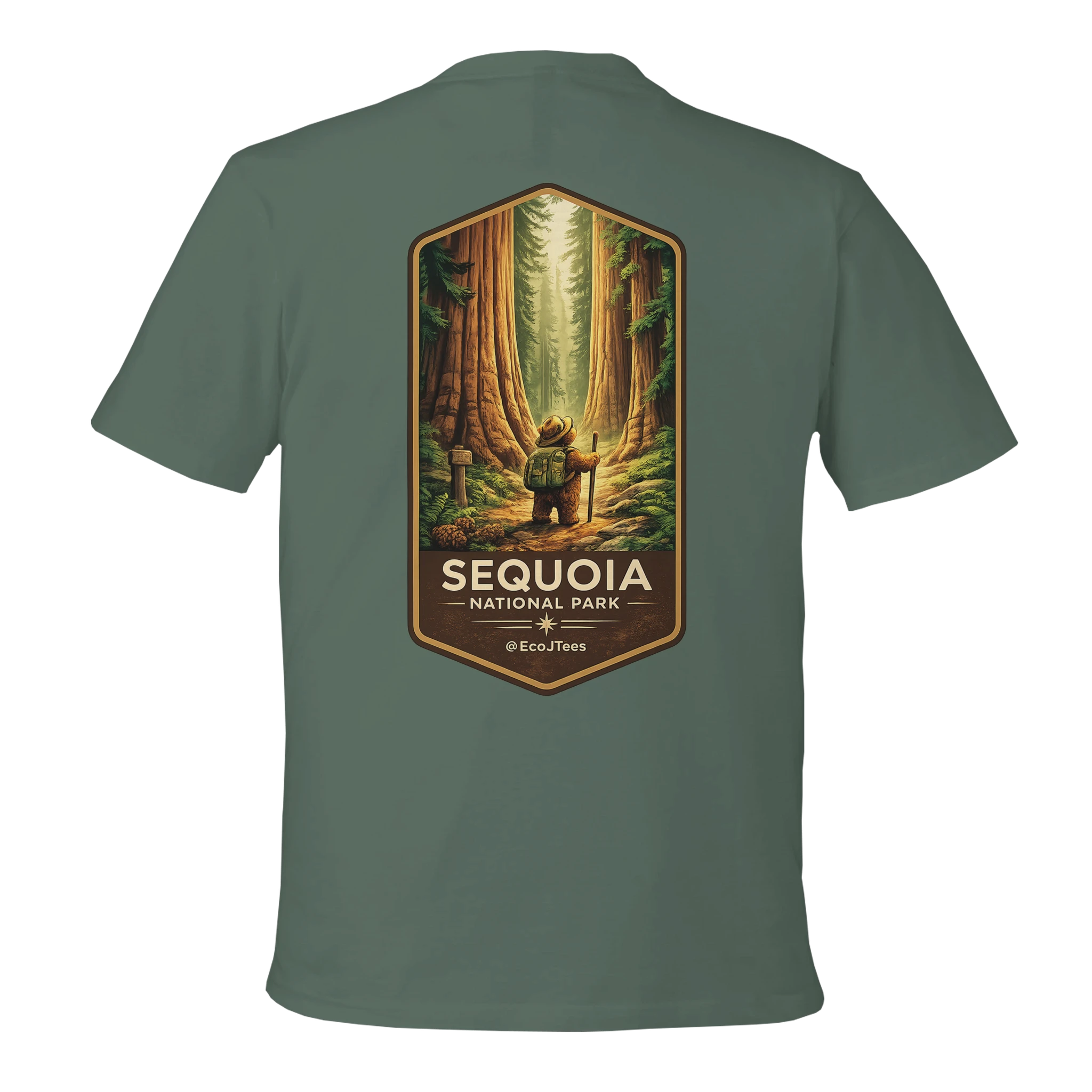 Green t-shirt with Sequoia National Park graphic on the back