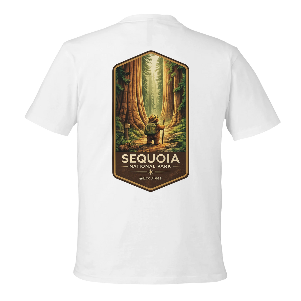 White eco t-shirt with Sequoia National Park graphic on the back