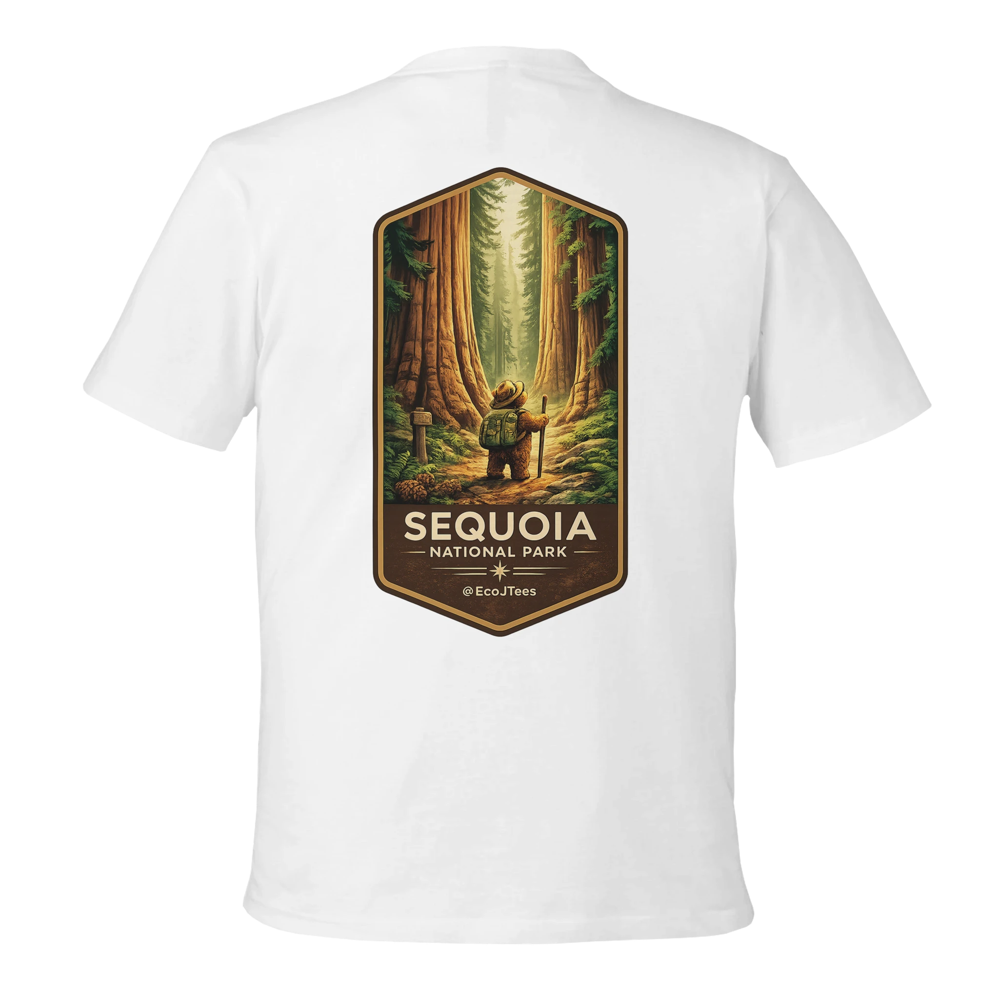 White eco t-shirt with Sequoia National Park graphic on the back