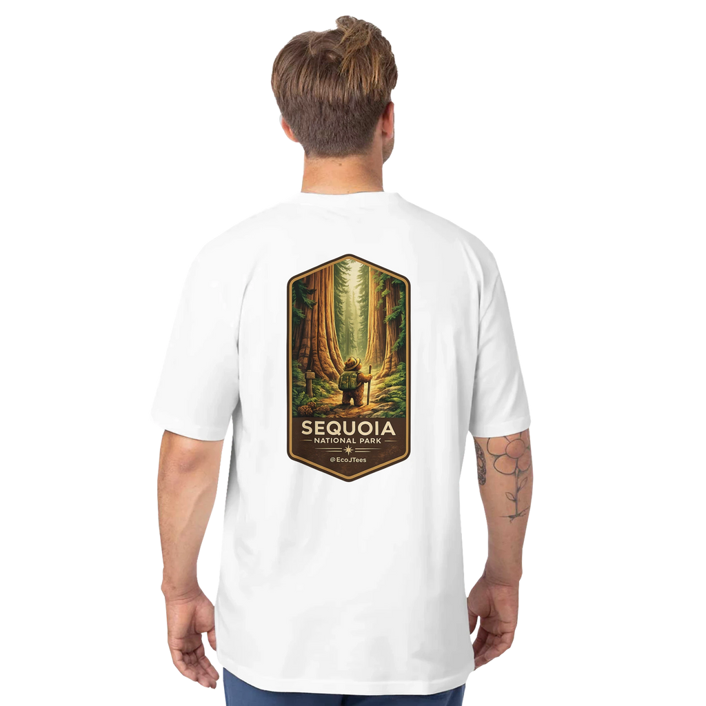Person in a white eco t-shirt with Sequoia National Park graphic on back