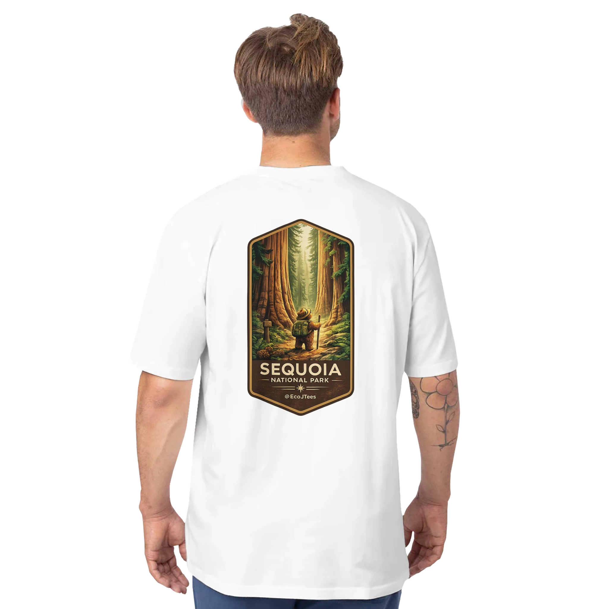 Person in a white eco t-shirt with Sequoia National Park graphic on back