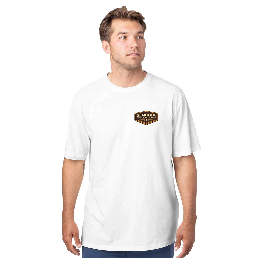 Person in a white eco t-shirt with Sequoia National Park logo on the front