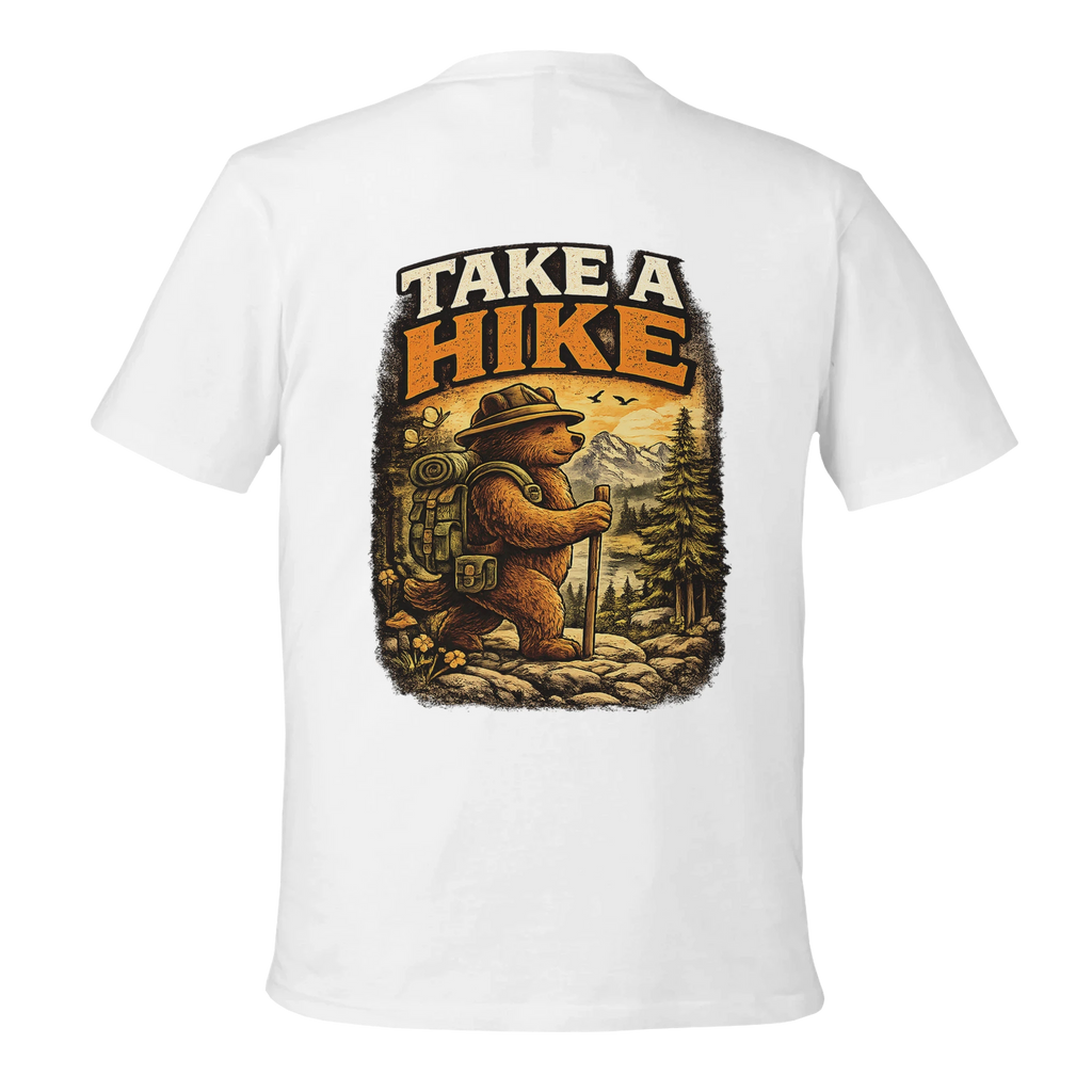 White t-shirt with a bear graphic and 'Take a Hike' text on a white background