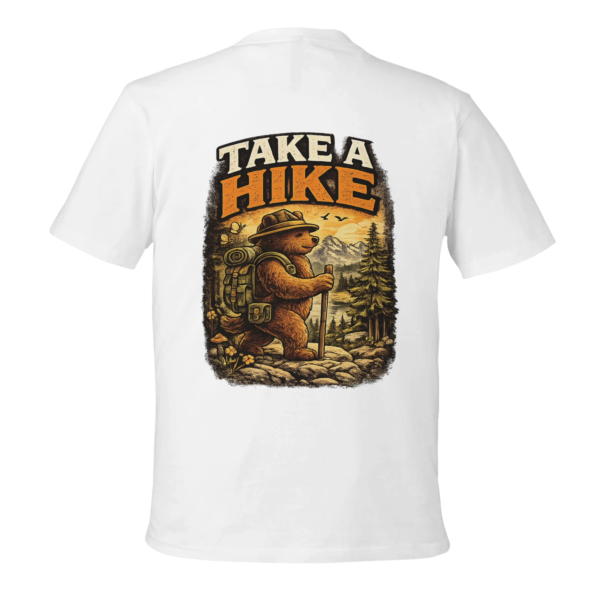 White t-shirt with a bear graphic and 'Take a Hike' text on a white background