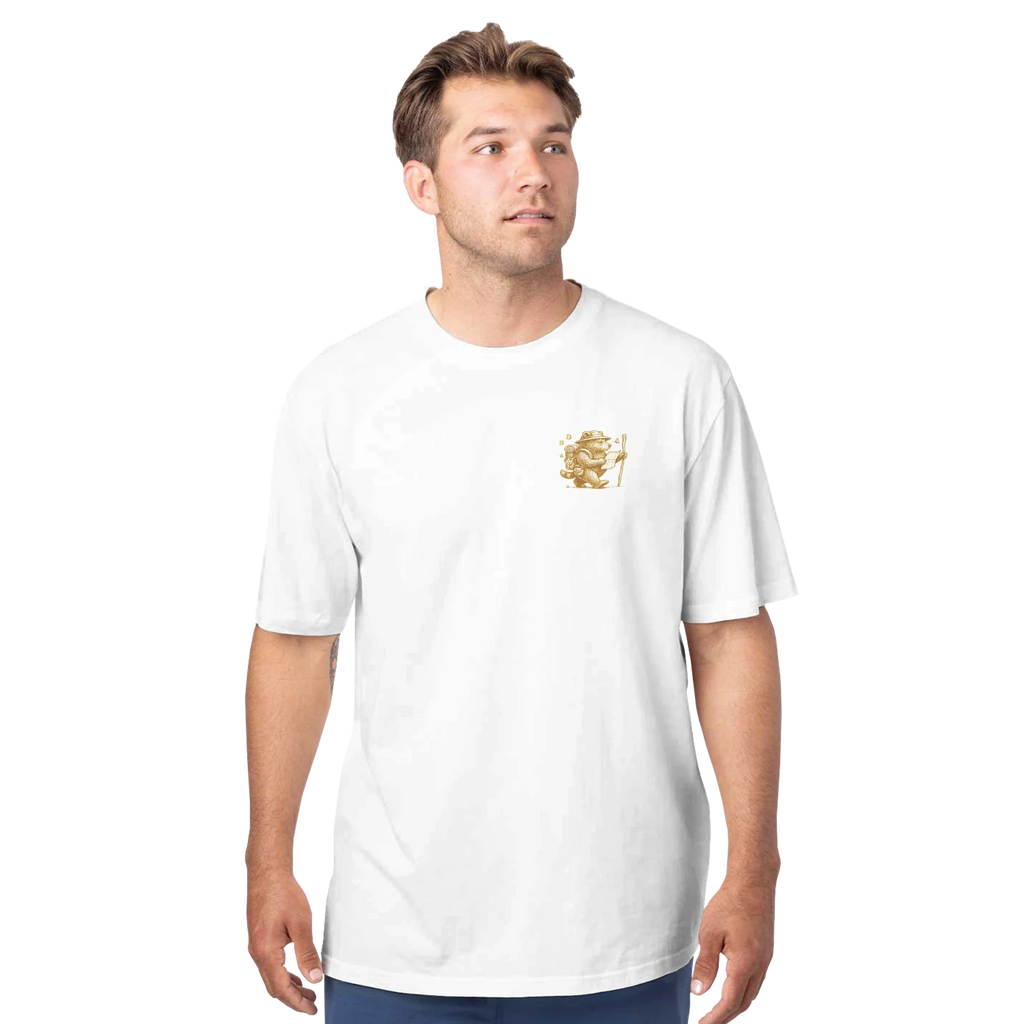 Man wearing a white t-shirt with a gold Sweetness da Bear logo on a white background