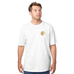 Man wearing a white t-shirt with a gold Sweetness da Bear logo on a white background