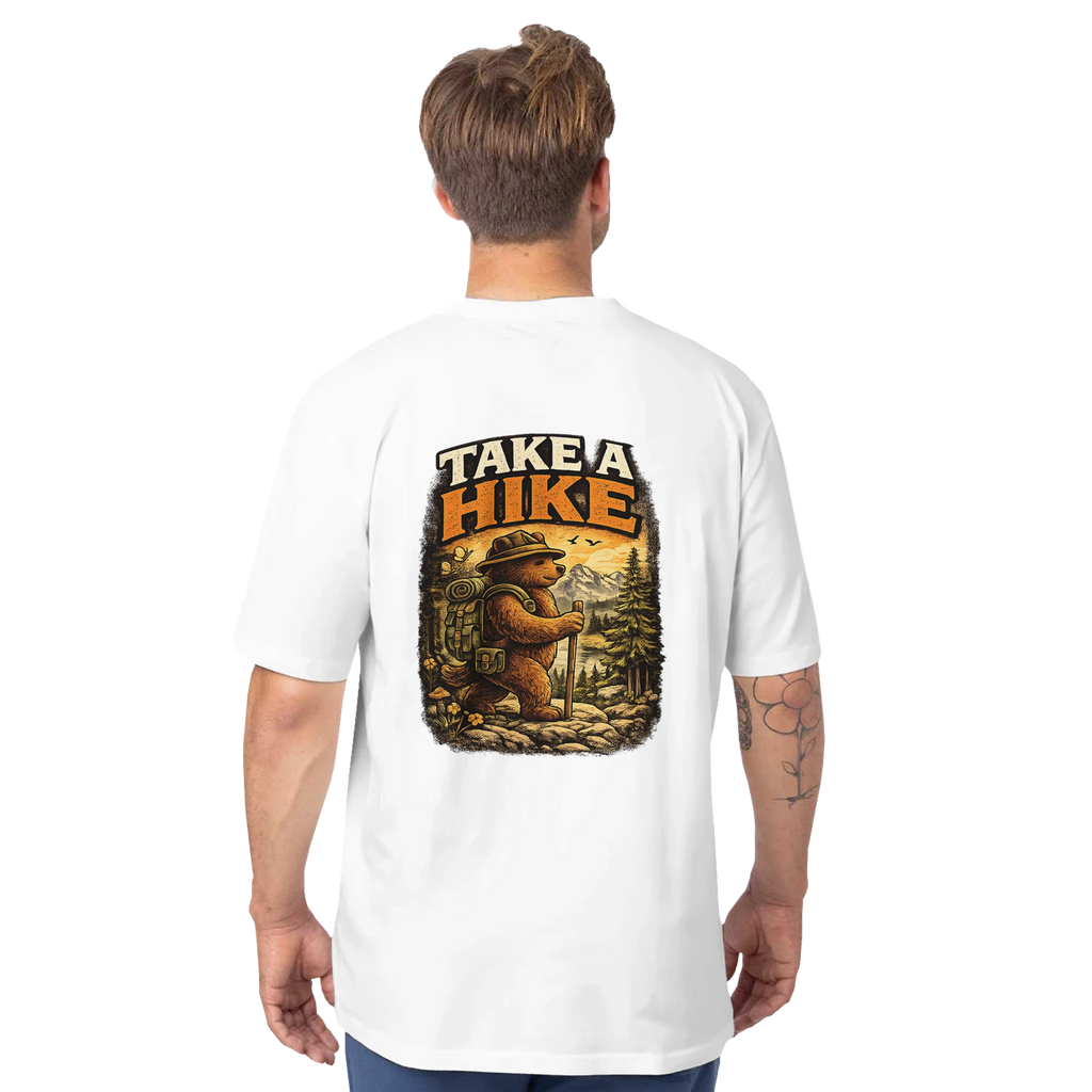 Person wearing a white t-shirt with a bear graphic and 'Take a Hike' text on the back.