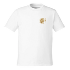 White t-shirt with a gold emblem on a white background