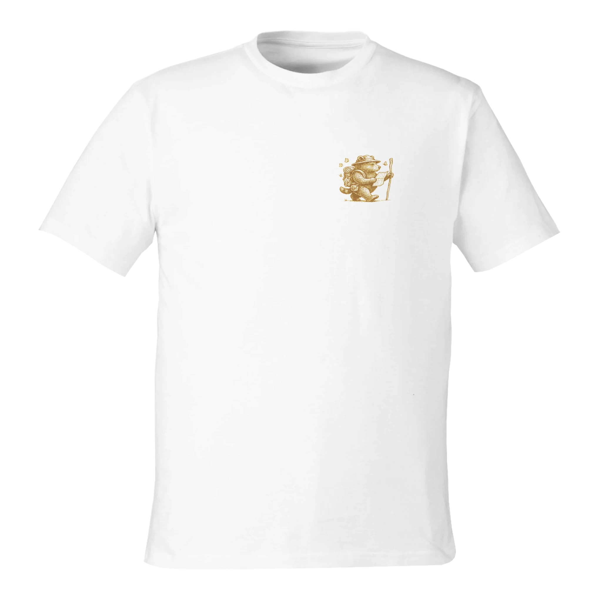White t-shirt with a gold emblem on a white background