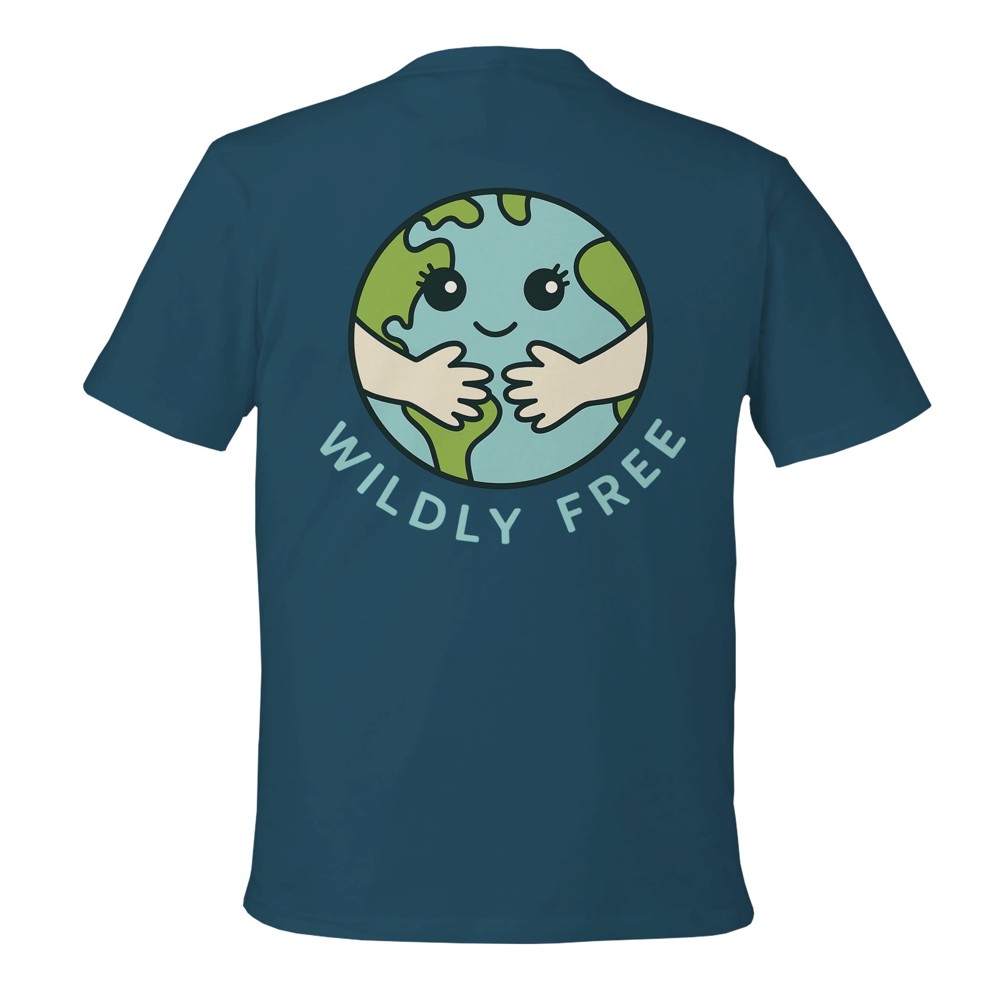 Teal t-shirt with a graphic of a smiling Earth and 'Wildly Free' text on a white background