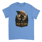 Blue t-shirt with a graphic of Bigfoot holding an American flag and '250 Years of Freedom' text on a white background.