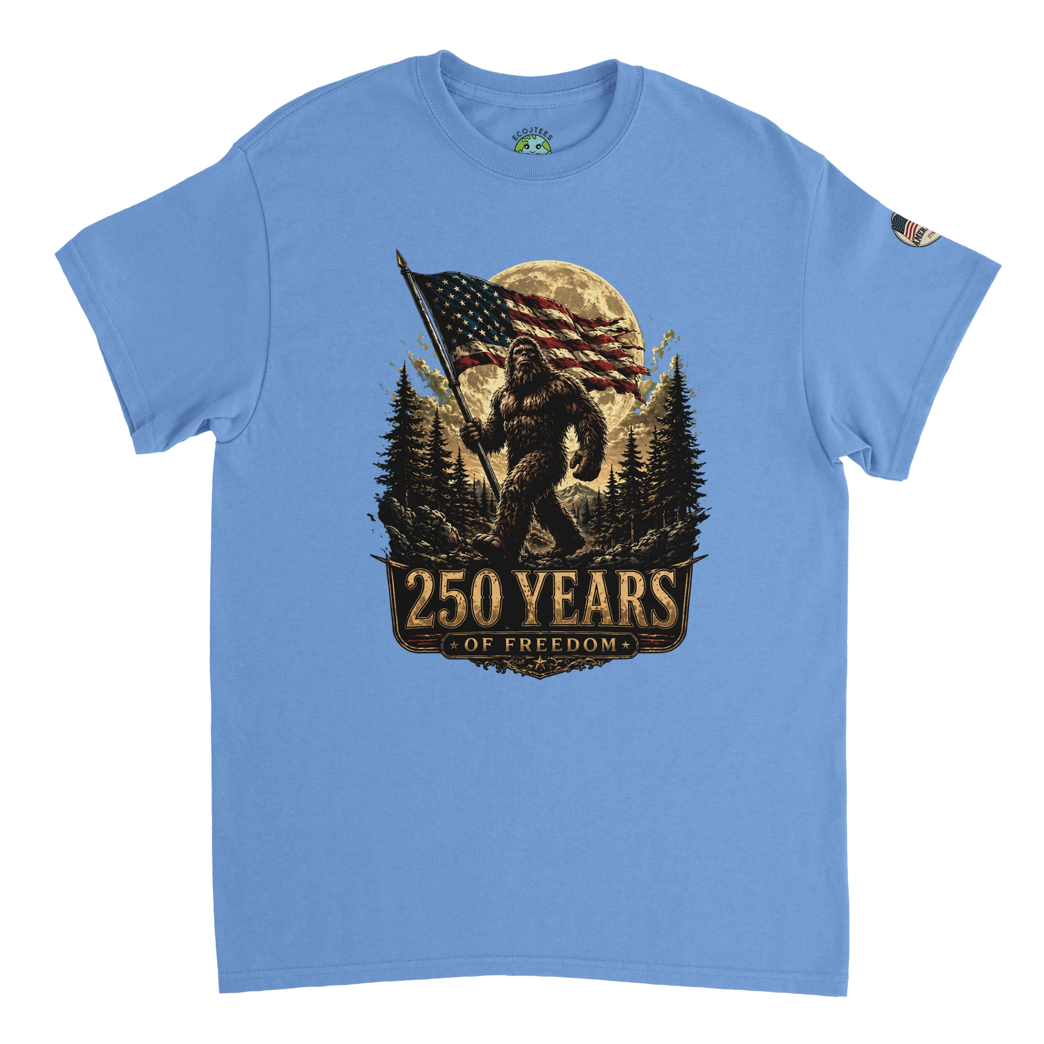 Blue t-shirt with a graphic of Bigfoot holding an American flag and '250 Years of Freedom' text on a white background.