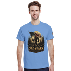 Man wearing a blue t-shirt with a Bigfoot graphic design on a white background