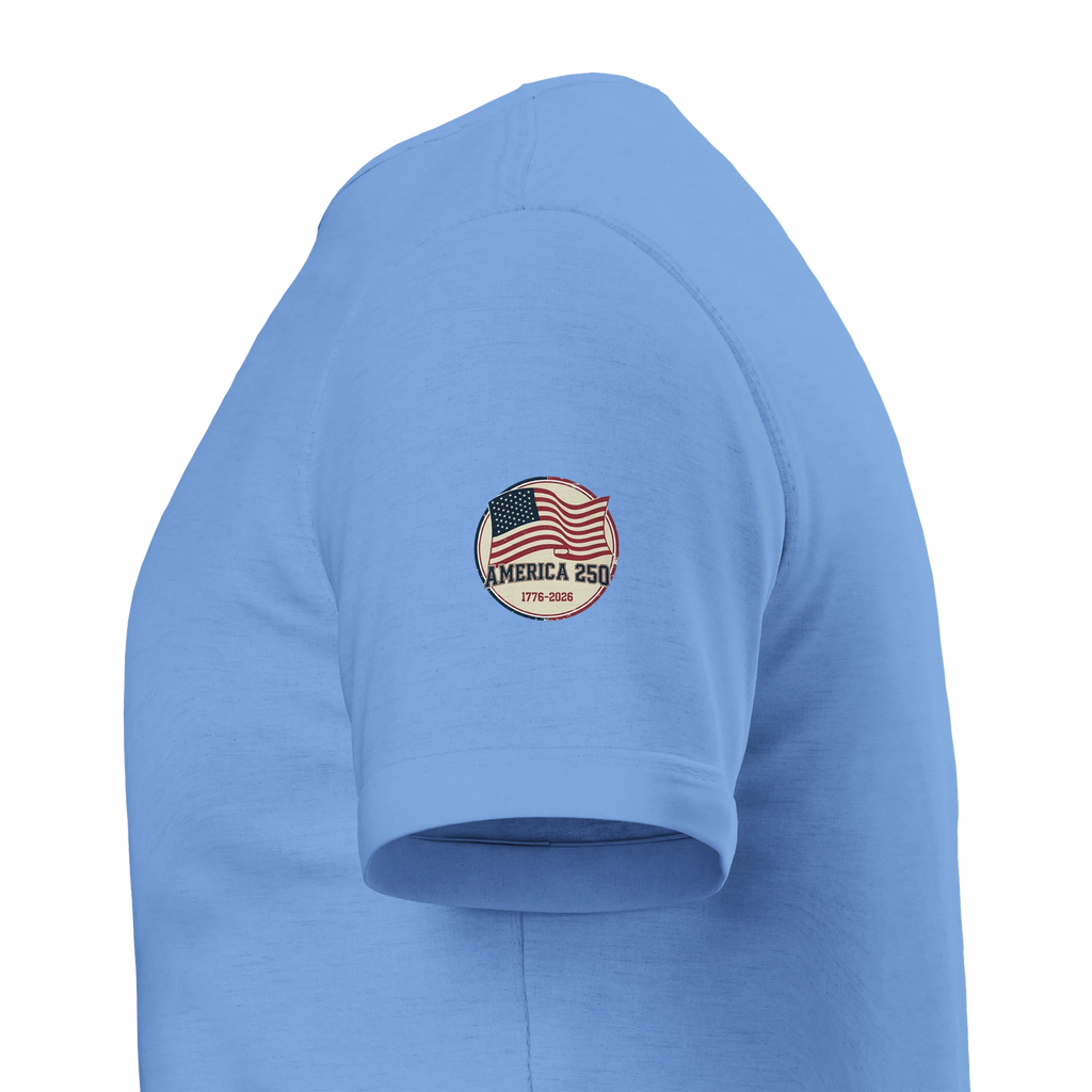 Light blue t-shirt with an American flag logo on a white background