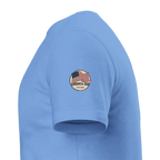 Light blue t-shirt with an American flag logo on a white background