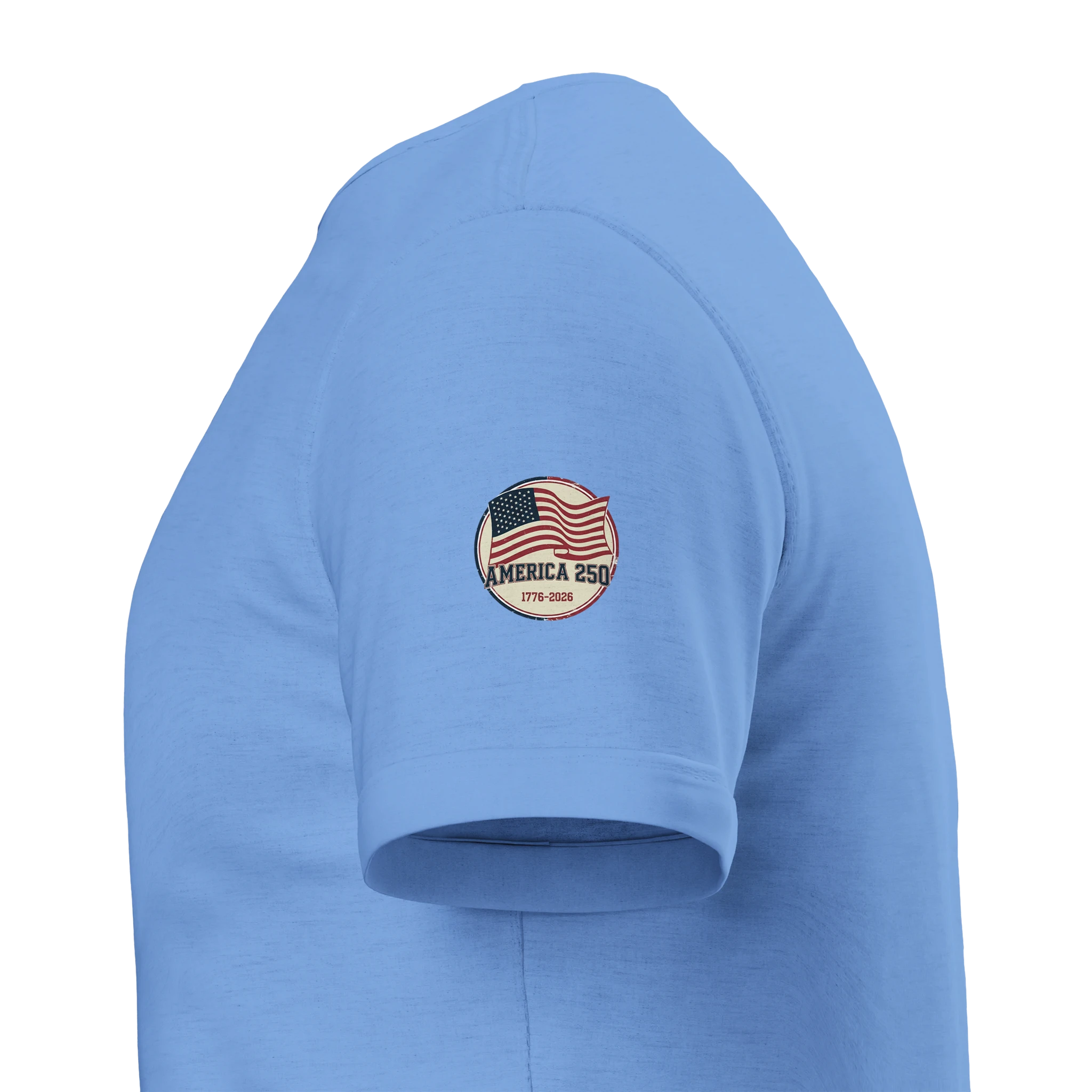 Light blue t-shirt with an American flag logo on a white background