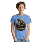 Woman wearing a blue t-shirt with a Bigfoot graphic design on a white background