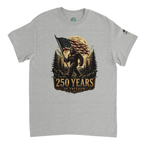Gray t-shirt with a graphic of Bigfoot holding an American flag and '250 Years of Freedom' text on a white background.
