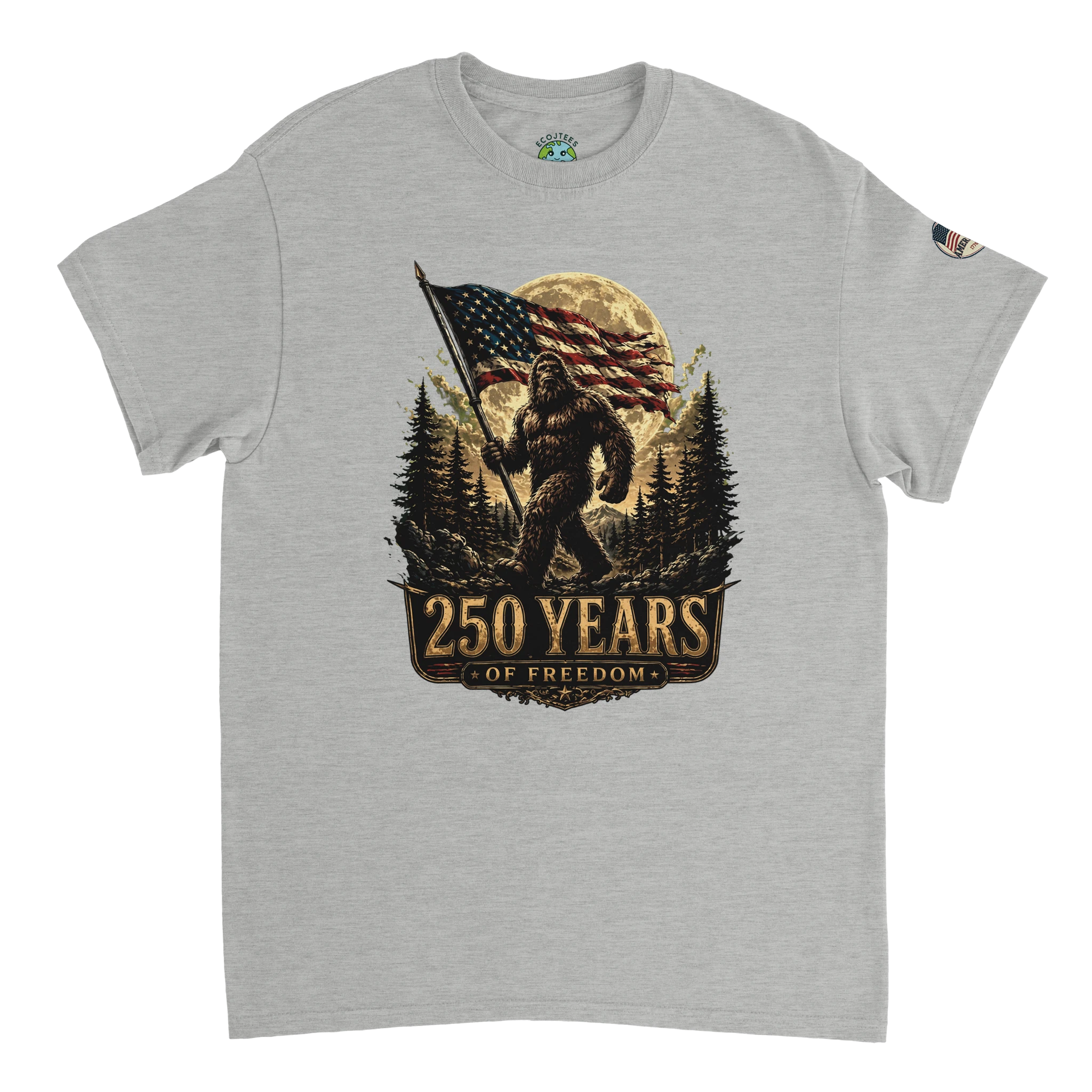 Gray t-shirt with a graphic of Bigfoot holding an American flag and '250 Years of Freedom' text on a white background.
