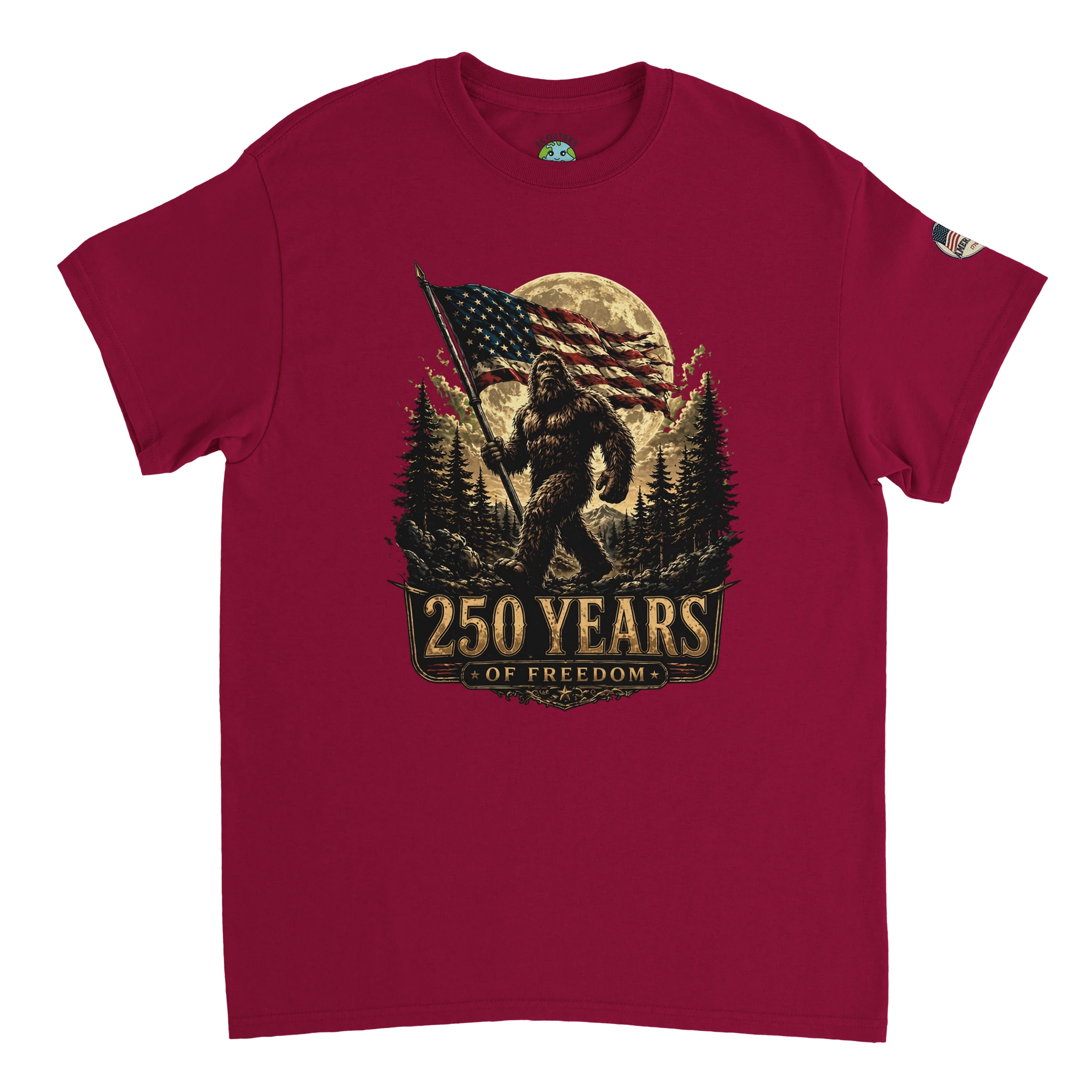Red t-shirt with a graphic of Bigfoot holding an American flag and '250 Years of Freedom' text on a white background.