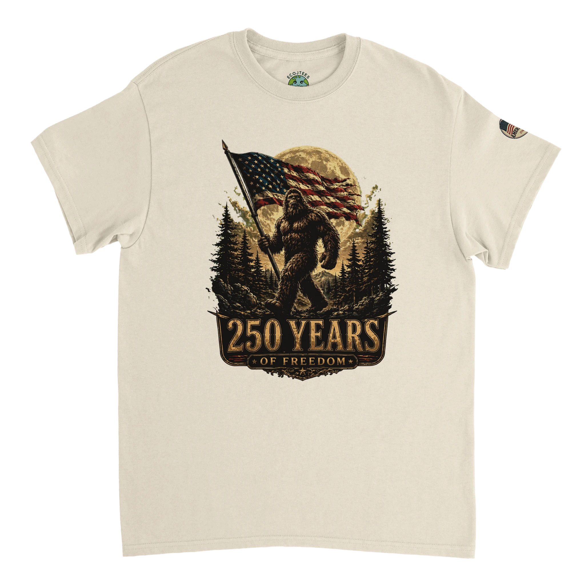 Sand t-shirt with a Bigfoot graphic holding an American flag and '250 Years of Freedom' text on a white background.