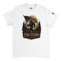 White t-shirt with a graphic of Bigfoot holding an American flag and '250 Years of Freedom' text on a white background.