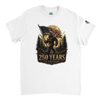 White t-shirt with a graphic of Bigfoot holding an American flag and '250 Years of Freedom' text on a white background.
