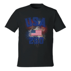 Black t-shirt with USA, American flag, and number 290 design on a white background