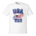 White t-shirt with 'USA 250' design featuring an American flag and fireworks on a white background