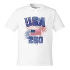 White t-shirt with 'USA 250' design featuring an American flag and fireworks on a white background