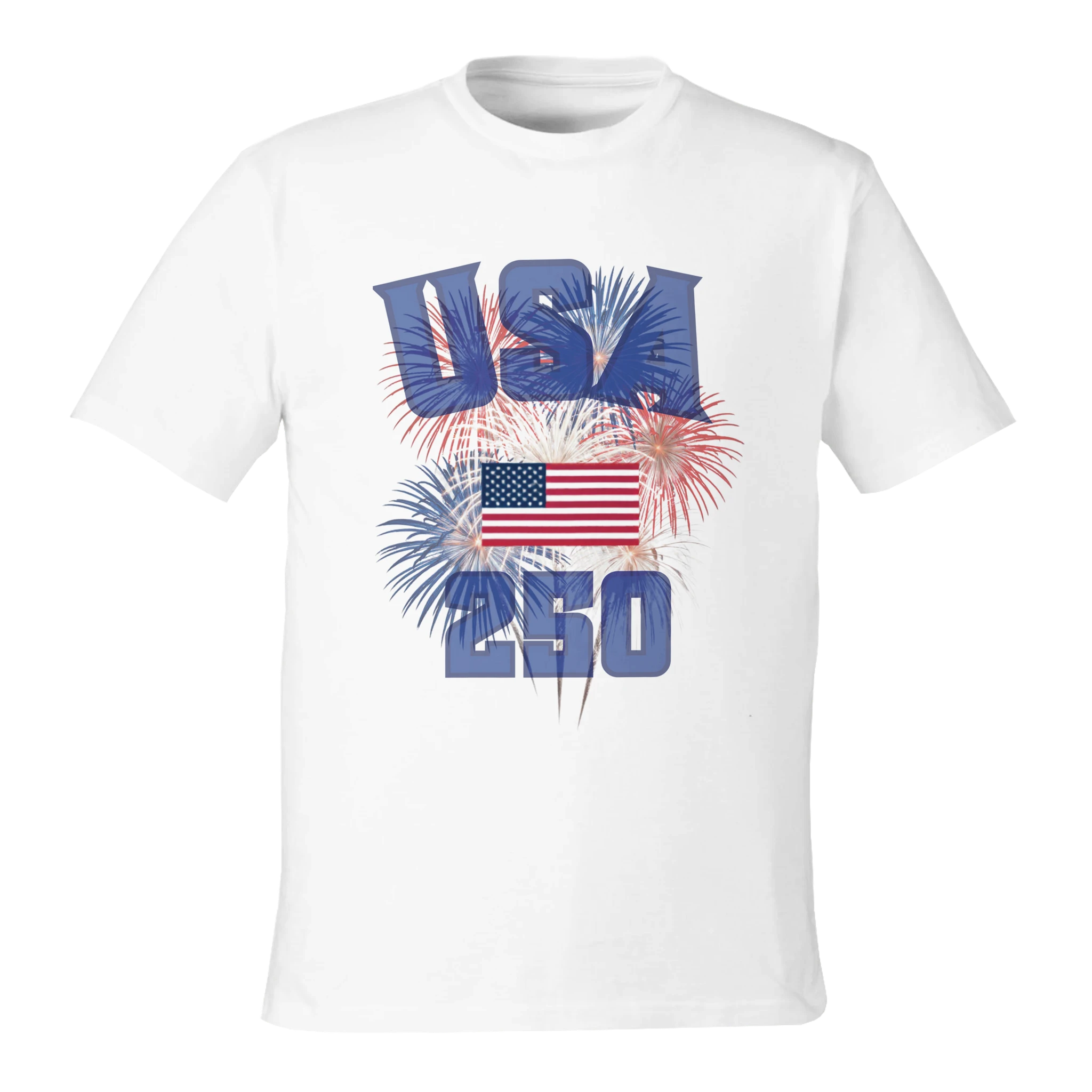 White t-shirt with 'USA 250' design featuring an American flag and fireworks on a white background