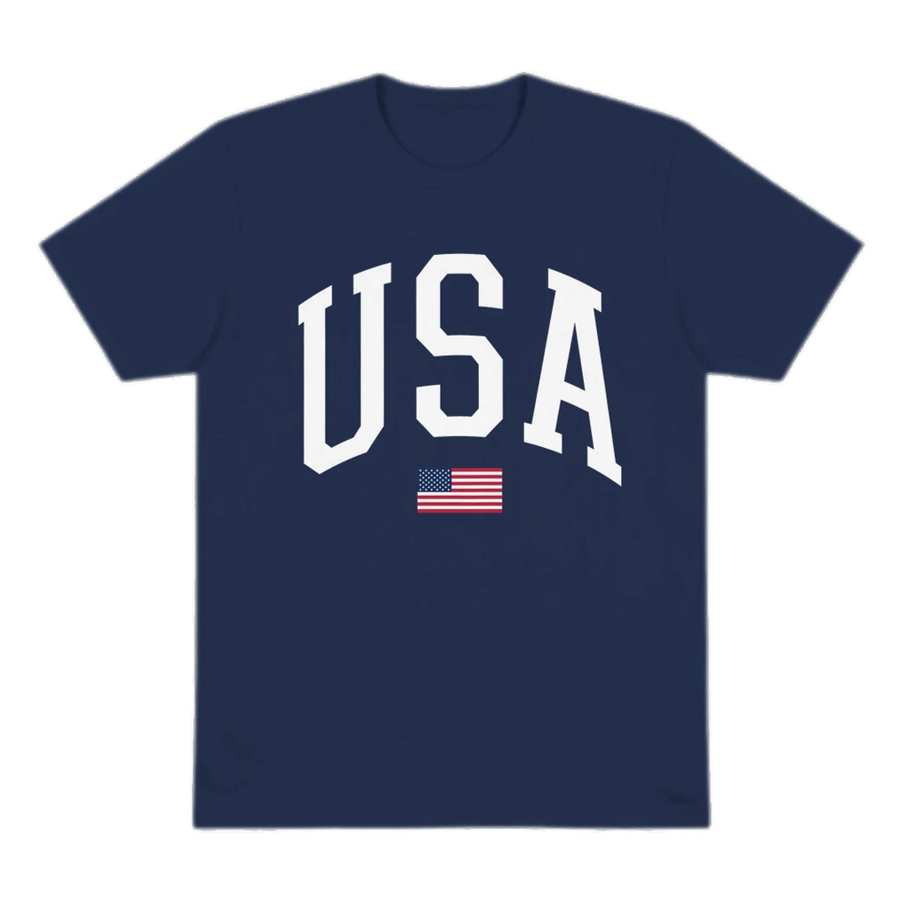 Navy blue t-shirt with 'USA' and an American flag on a white background