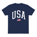 Navy blue t-shirt with 'USA' and an American flag on a white background