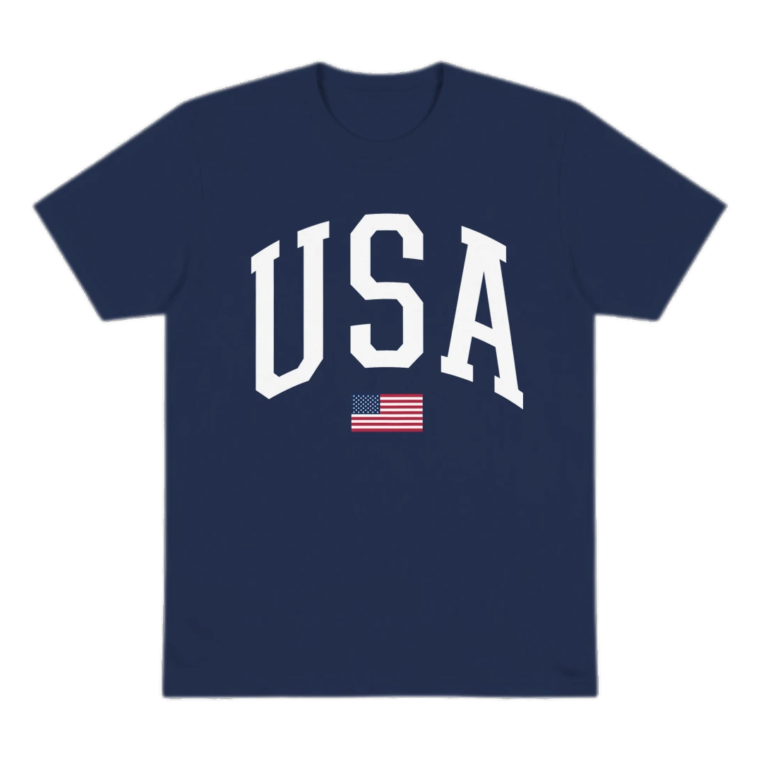 Navy blue t-shirt with 'USA' and an American flag on a white background