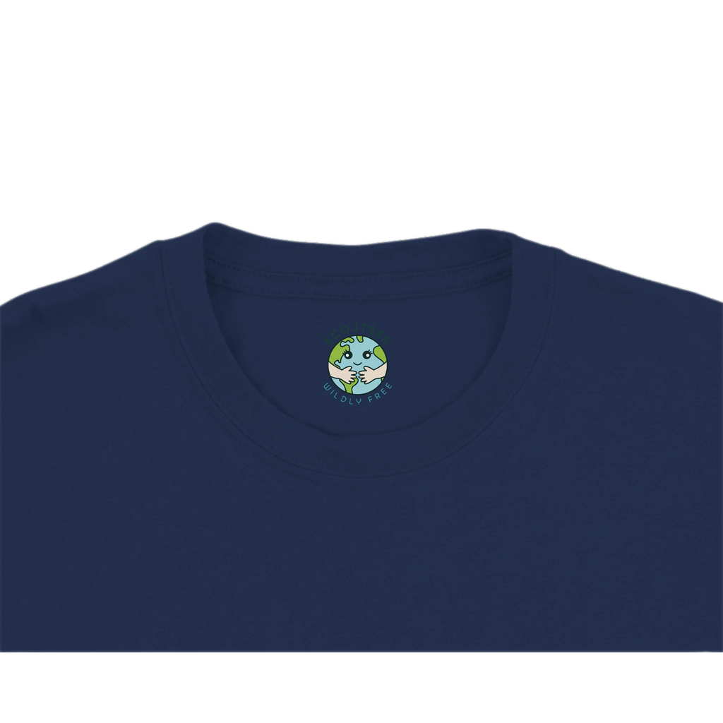 Navy blue t-shirt with a EcoJTees logo on the inside collar on a white background