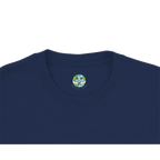 Navy blue t-shirt with a EcoJTees logo on the inside collar on a white background