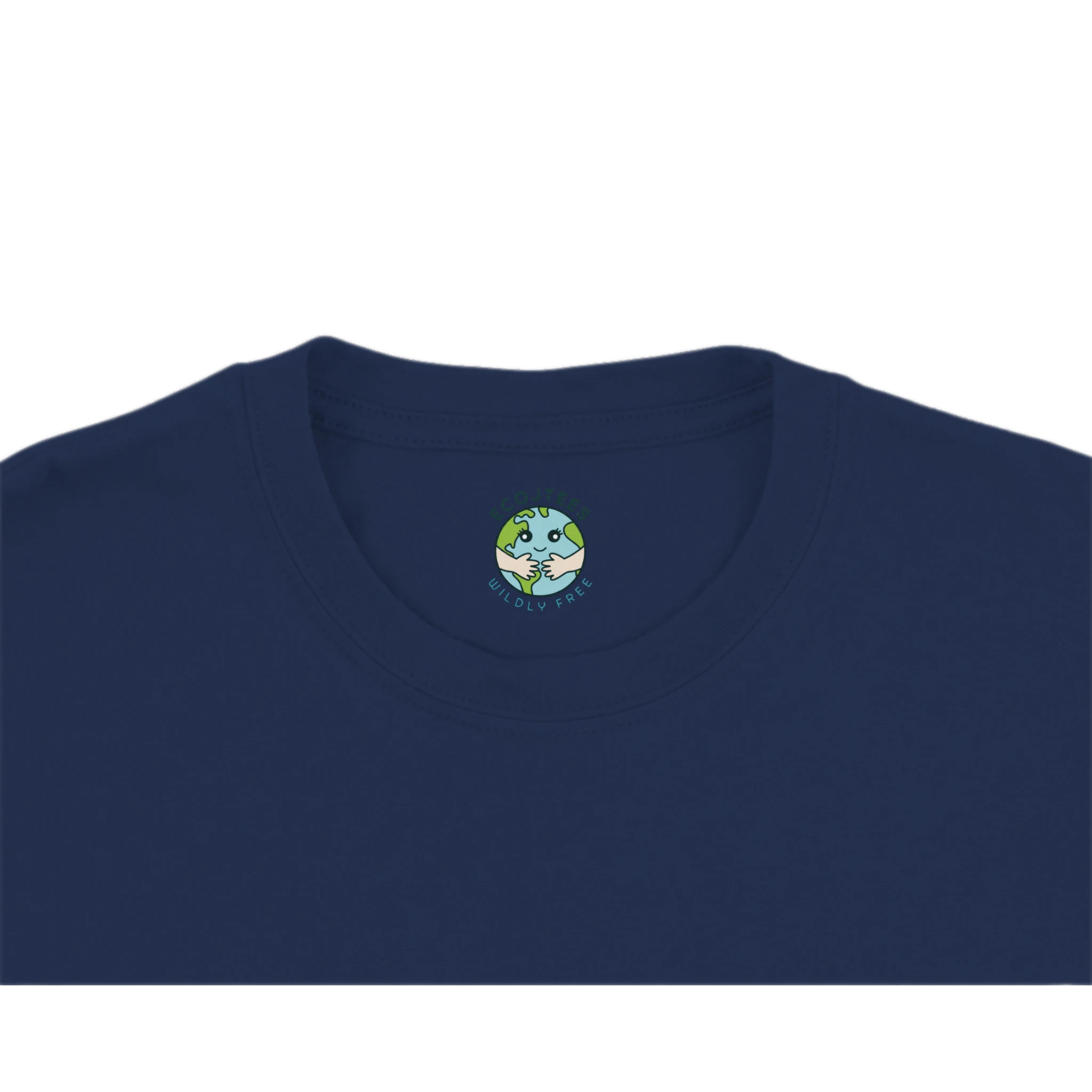 Navy blue t-shirt with a EcoJTees logo on the inside collar on a white background