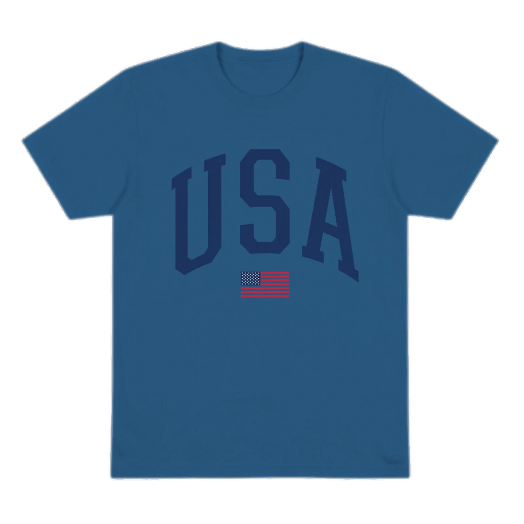 Blue t-shirt with 'USA' text on a white background