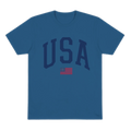 Blue t-shirt with 'USA' text on a white background