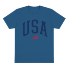 Blue t-shirt with 'USA' text on a white background